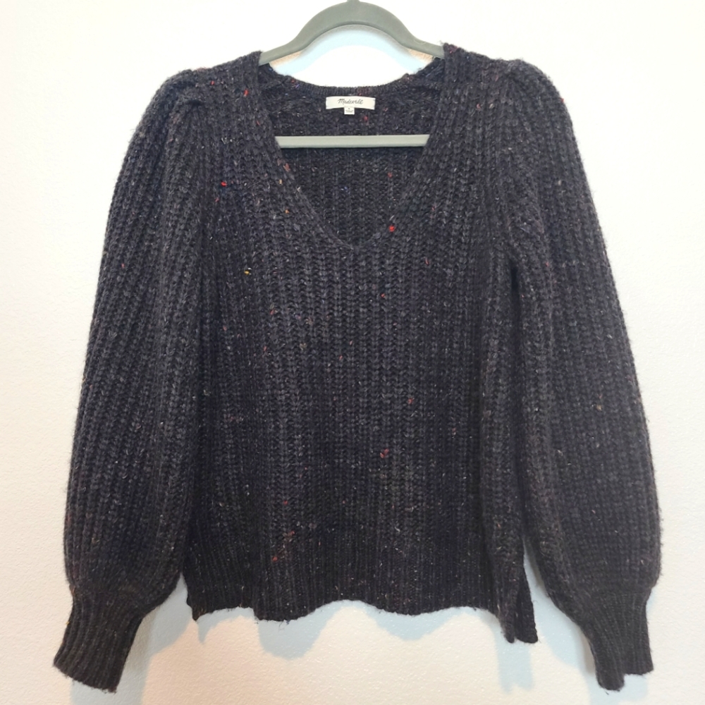 MADEWELL V-Neck Puff-Sleeve Wool Blend Chunky Multi-colored Sweater - Picture 9 of 12